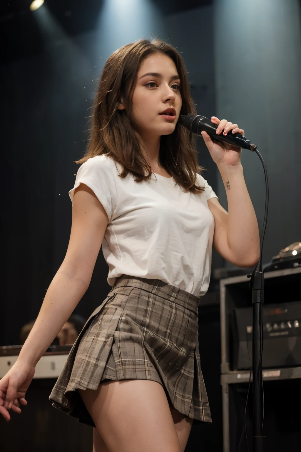 ((Best quality)), ((masterpiece)), (detailed), perfect face brown hair girl with a microphone on stage in a short skirt