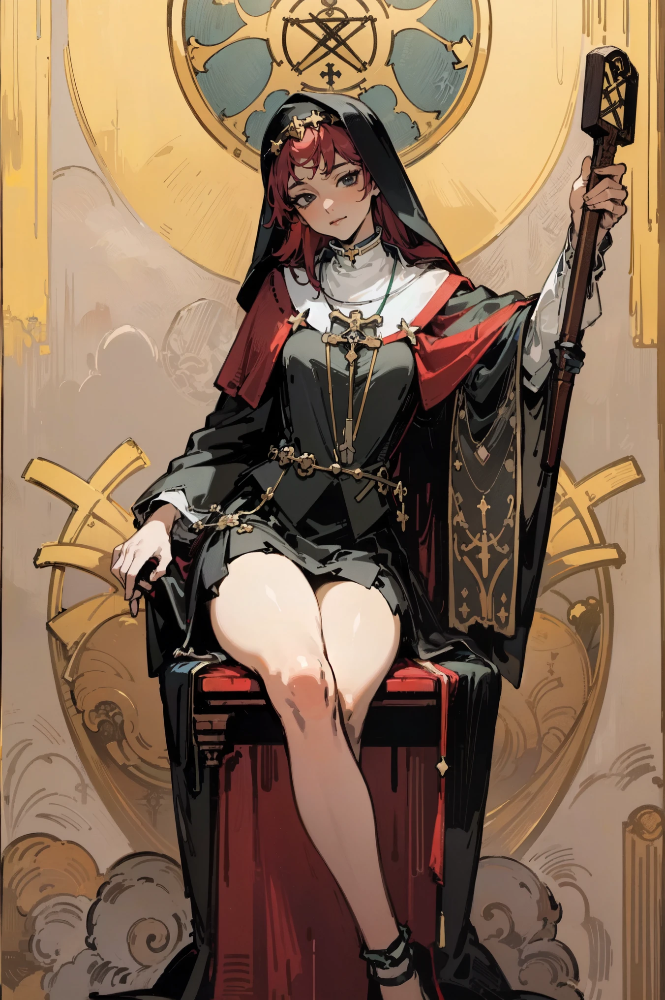 tarot cards, beautiful woman, skirt, clergywoman,Attractive,Sexy,Virgin,Provocative,president,sitting,support elbows,Extremely high quality,4K,Exquisite masterpiece