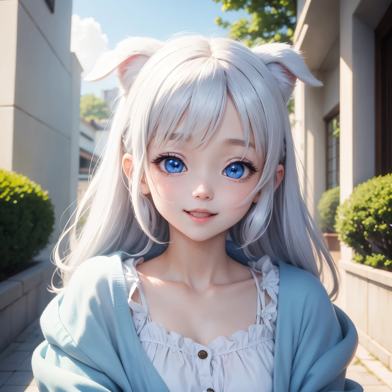 A girl with striking white hair、Fox ears and tail、Cosplay、Baby Face、Cute dynamic pose、hair ornaments、Black Pantyhose、No sleeve、smile、Background is blue