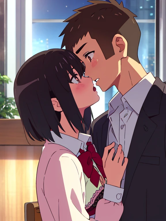 shinkai makoto, kimi no na wa., 1boy, buzzcut, school uniform, face to face, boy holding grasping girl's shoulders, hold anothers shoulders, cheek licking cheek, 1girl,black hair, red ribbon, red headband, short hair, open eyes, open mouth, tears eyes, blush, brown eyes, collared shirt, red bow, white long sleeve, unbuttoned, open shirt, medium breast,light pink bra, cleavage,indoors, night,