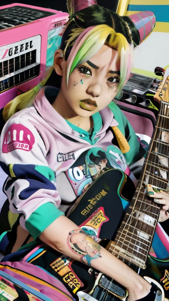 anime art of a woman laying on a bed with a guitar, shohei otomo, jet set radio artwork, decora inspired illustrations, grimes - book 1 album cover, by Yanagawa Nobusada, kastuhiro otomo, pop punk art style, by Shinoda Toko, punk art, artist katsuhiro otomo, katsuhiro otomo, toyism