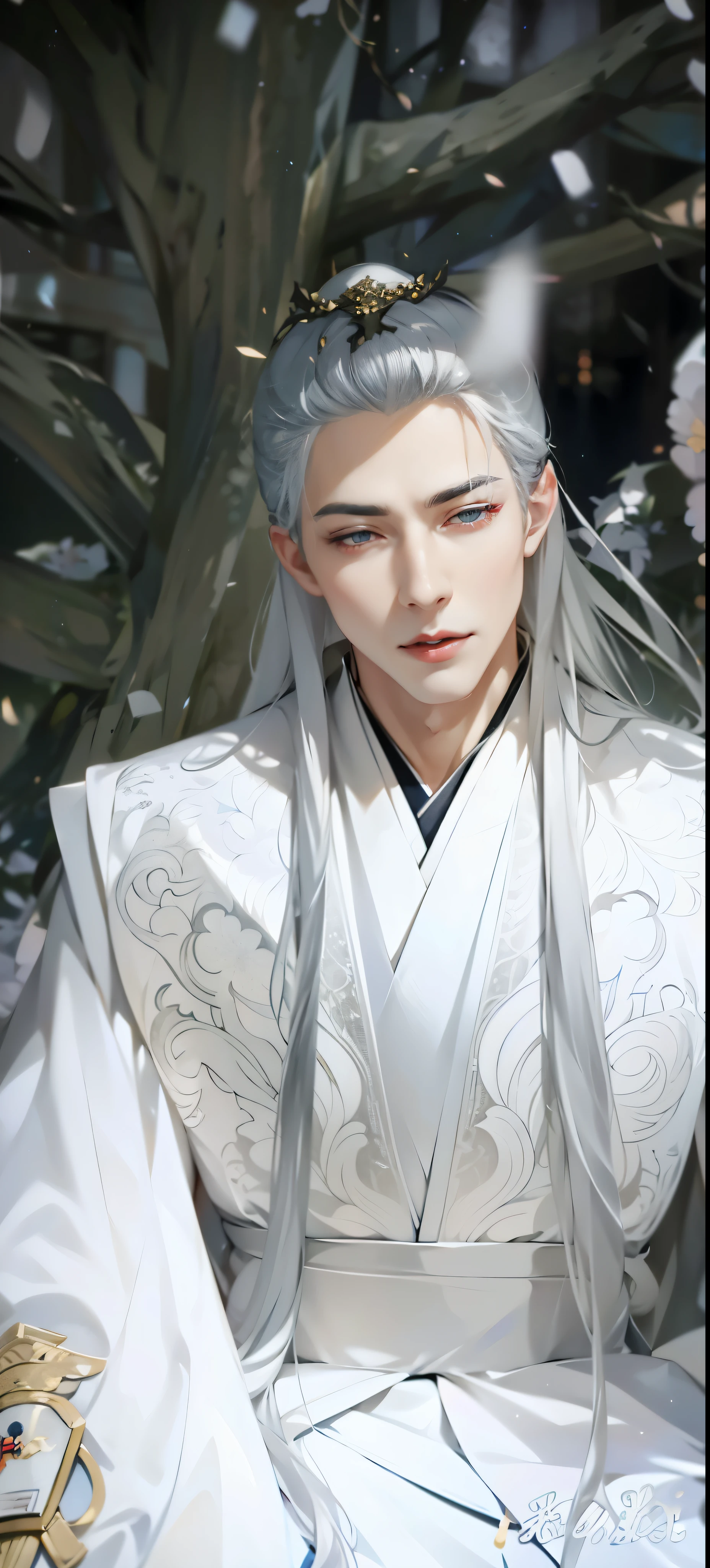 white hair，Young and handsome man，dressed white hanfu，bright red lips，snowflake，Eyes slightly closed，background bokeh