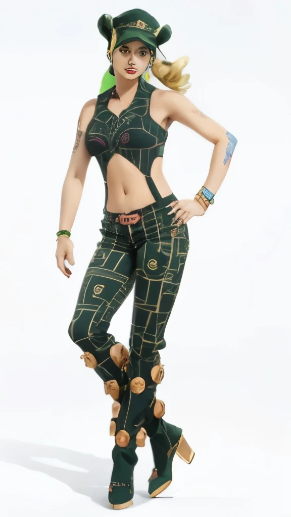 a woman in a green top and black pants with a hat, in jojo\'s bizarre adventure, posing as a jojo character, jojo anime style, gyro zeppeli, anime character; full body art, style mix of æon flux, joe biden as a jojo character, nico robin, style is a blend of æon flux, aeon flux style,盘了两个羊角发髻在头的左右两边,不戴帽子,头上两个发髻,,盘了两个羊角发髻在头的左右两边,不戴帽子,头上两个发髻,