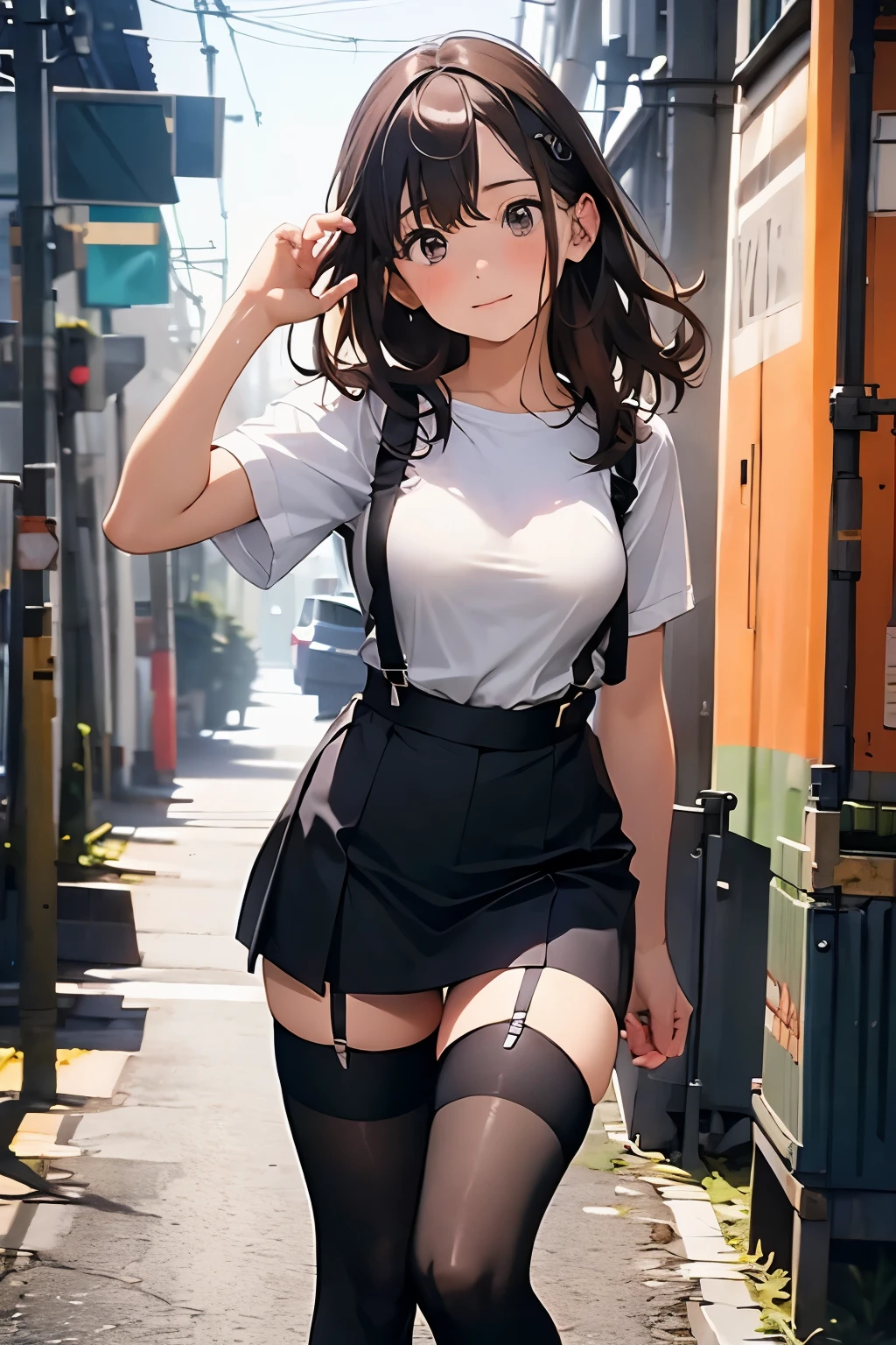 brown hair、looking at the viewer suspenders Bulging big breasts Black miniskirt garter belt knee high socks Gaze small face bangs Beauty hands up Gaze black boots provocation armpit sweat one person put your hands behind your back cutter shirt Panty shot