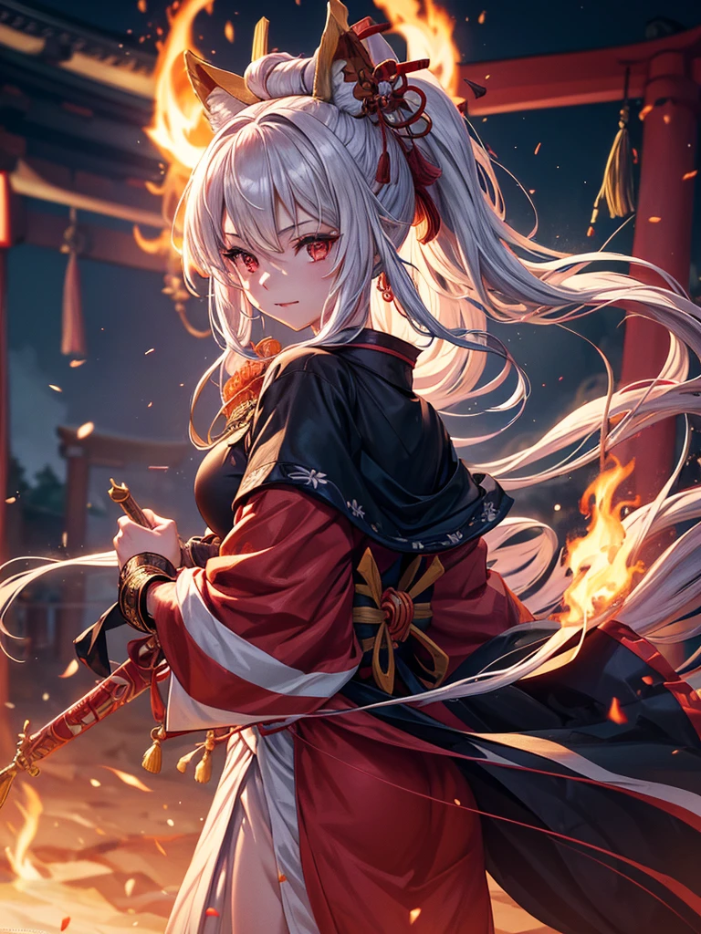 shrine maiden of ancient japanese shrine, combat readiness, pretty girl, kimono, long white hair in a ponytail, fox ears, fluffy fox tail, red fullmoon, dark colored haori, evil laugh, , Holding a priestess's wand, control fire, Ghosts and spirits fly around her, at night, very detailed, vivid appearance, creative action, very detailed, Imaginative, , voluntary, highest quality, skin texture, intricate details, (cinematic lighting), RAW photo, 8K, masterpiece,highest quality,super detailed,very detailedイラスト,very detailed,intricate details,High resolution,超intricate details,very detailed 8K cg wallpaper,