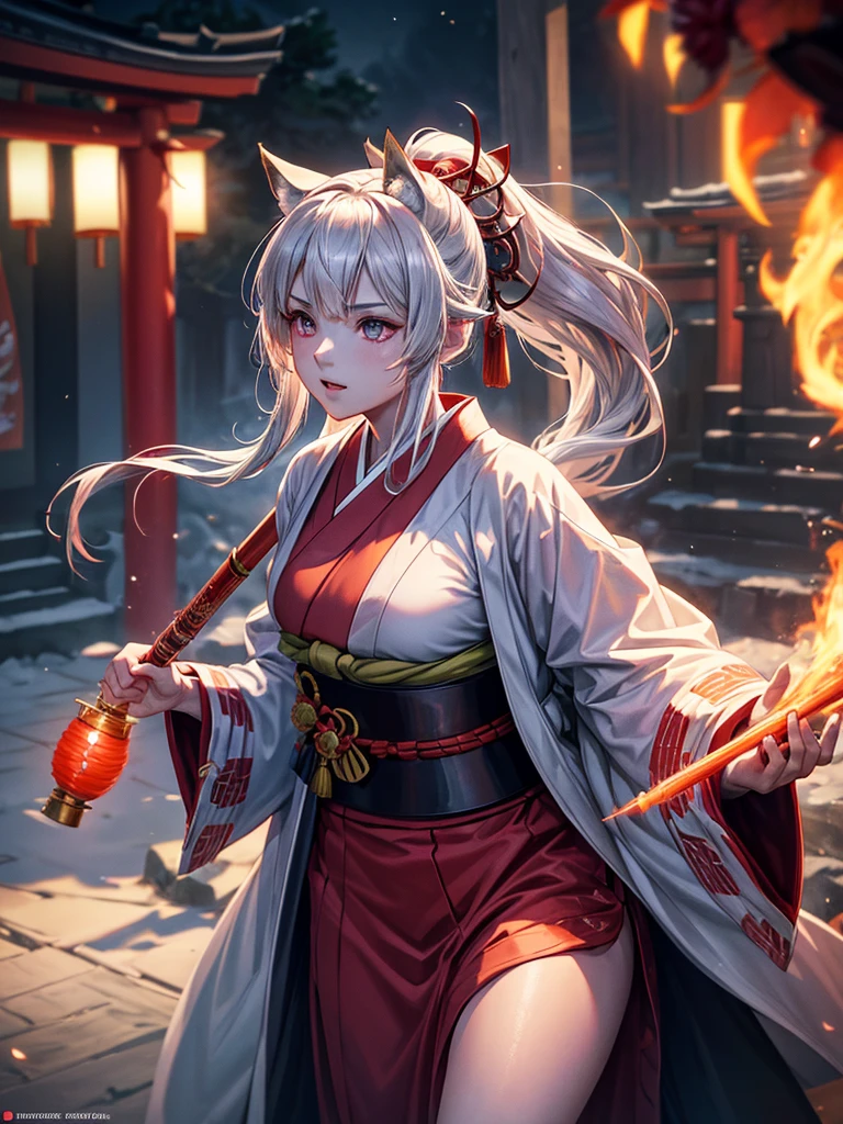 shrine maiden of ancient japanese shrine, combat readiness, pretty girl, kimono, long white hair in a ponytail, fox ears, fluffy fox tail, red fullmoon, dark colored haori, evil laugh, , Holding a priestess's wand, control fire, Ghosts and spirits fly around her, at night, very detailed, vivid appearance, creative action, very detailed, Imaginative, , voluntary, highest quality, skin texture, intricate details, (cinematic lighting), RAW photo, 8K, masterpiece,highest quality,super detailed,very detailedイラスト,very detailed,intricate details,High resolution,超intricate details,very detailed 8K cg wallpaper,