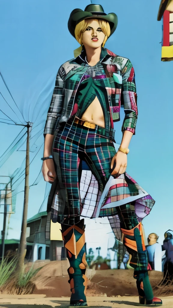 a cartoon of a woman in a plaid outfit and a man in a cowboy hat, hirohiko araki style, eiichiro oda style, gyro zeppeli, in jojo\'s bizarre adventure, hirohiko araki artwork, 90s comic book character design, jojo anime style, posing as a jojo character, hirohiko araki art, style of eiichiro oda