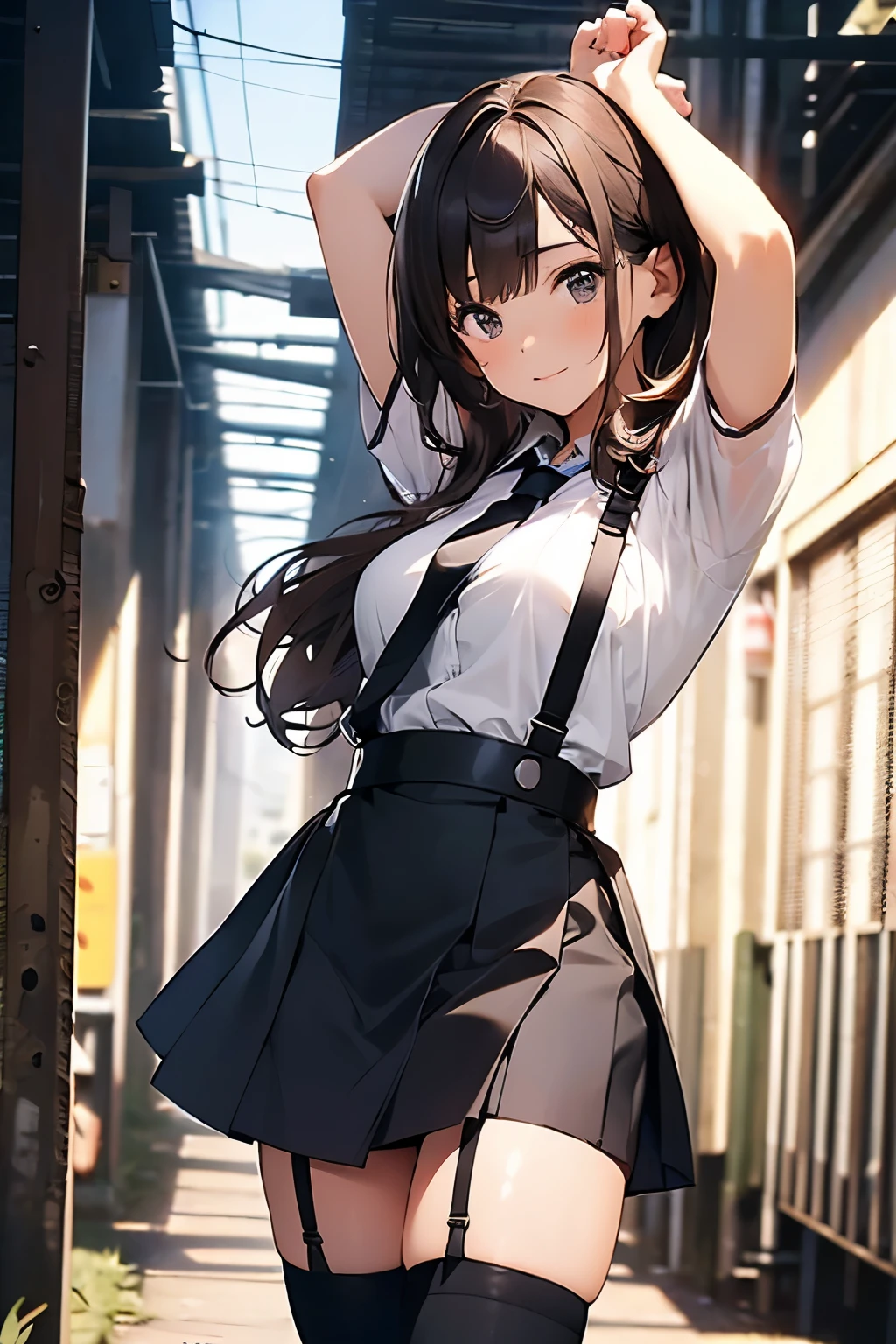 brown hair、looking at the viewer　　suspenders　　　Bulging big breasts　　 　 　　　　Black miniskirt　garter belt　knee high socks　　　　　　Gaze　　　small face　bangs 　　　　　Beauty　　hands up　　 　Gaze 　black boots 　provocation　　armpit sweat　one person 　　put your hands behind your back　cutter shirt　　Panty shot
