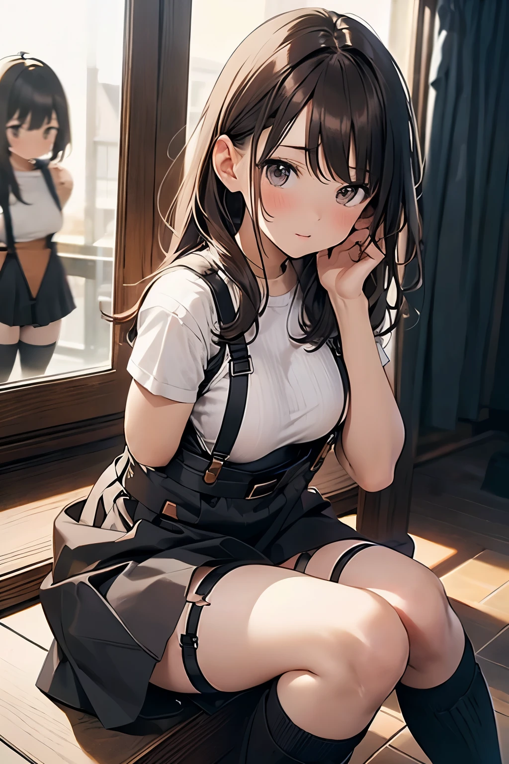 (black thighhighs1.2)、(black socks above the knee:1.2)、(white panty:1.5)、Nsfw、top-quality、Top image quality、​masterpiece、12 year old girl、skin gloss、huge tit,dynamic super close-up、Emphasize thick thighs、Fluffy blouse 、cleavage cutout,Denim micro mini skirt、full-face blush, embarrassed、Emphasis on the streaks of the panties、Versatile sexy poses、Lift skirt、Colorful Hair Accessories、Plump thighs、opening legs(open legs:1.5)