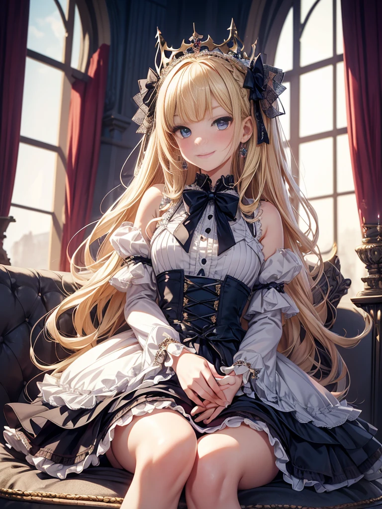 prompt: 8K resolution, delicate features, , single, unique pupil, arrogant, a teasing smile, blonde, princess cut, Bow hair ornament, brooch, mini crown, dark navy dress, ta style, gothic style, folded hands, facing the viewer, Otaku Room, Female imps
