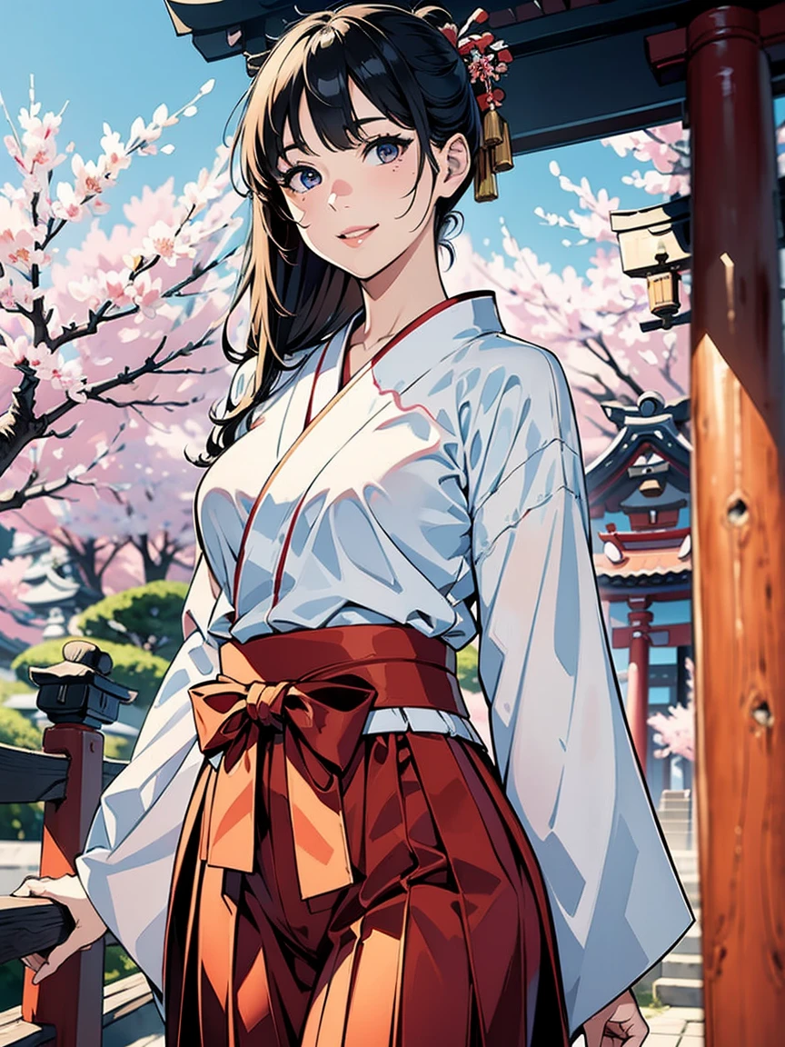 (Hyper-realistic), (a picture), (high resolution), (in 8K), (high detailed), (Best Illustration), (Beautiful detailed eyes), (Beautiful detailed face), (top-quality), (ultra-detailed), (masterpiece), (wall-paper), (extremely detailed face), (black long hair), (1 girl), (solo), (a detailed eye, thin cheeks, shinny skin, shiny lip, lighting on the face), (standing:1.0), Cameltoe, (large breasts), (small breasts), (skinny thigh), (slim waist), (smile), (miko clothes), (long sleeve), (long hakama:1.2), (sakura), (shinto shrine)