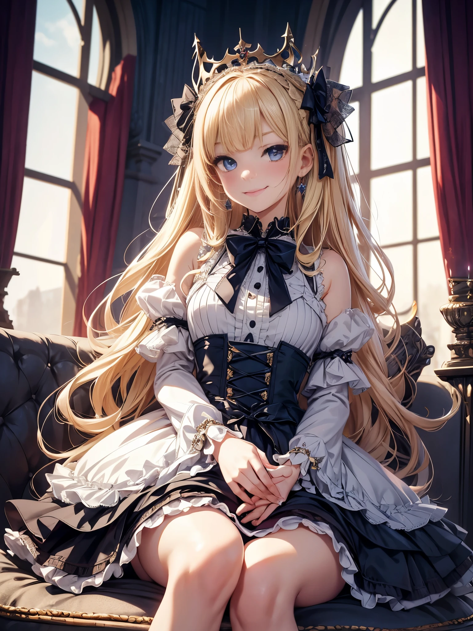 prompt: 8K resolution, delicate features, , single, unique pupil, arrogant, a teasing smile, blonde, princess cut, Bow hair ornament, brooch, mini crown, dark navy dress, lolita style, gothic style, folded hands, facing the viewer, Otaku Room, Female imps