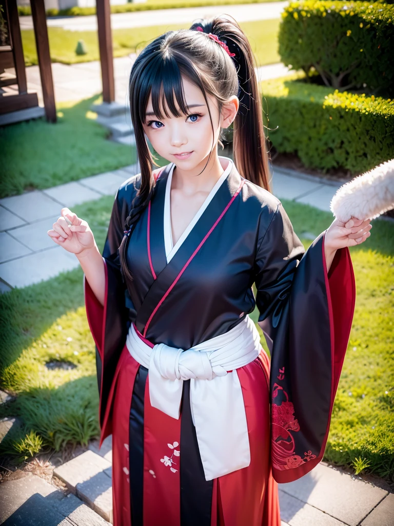 shrine maiden of ancient japanese shrine, combat readiness, pretty girl, kimono, long white hair in a ponytail, fox ears, fluffy fox tail, red fullmoon, dark colored haori, evil laugh, , Holding a priestess's wand, control fire, Ghosts and spirits fly around her, at night, very detailed, vivid appearance, creative action, very detailed, Imaginative, , voluntary, highest quality, skin texture, intricate details, (cinematic lighting), RAW photo, 8K, masterpiece,highest quality,super detailed,very detailedイラスト,very detailed,intricate details,High resolution,超intricate details,very detailed 8K cg wallpaper,