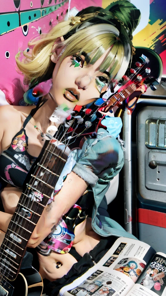 anime art of a woman laying on a bed with a guitar, shohei otomo, jet set radio artwork, decora inspired illustrations, grimes - book 1 album cover, by Yanagawa Nobusada, kastuhiro otomo, pop punk art style, by Shinoda Toko, punk art, artist katsuhiro otomo, katsuhiro otomo, toyism