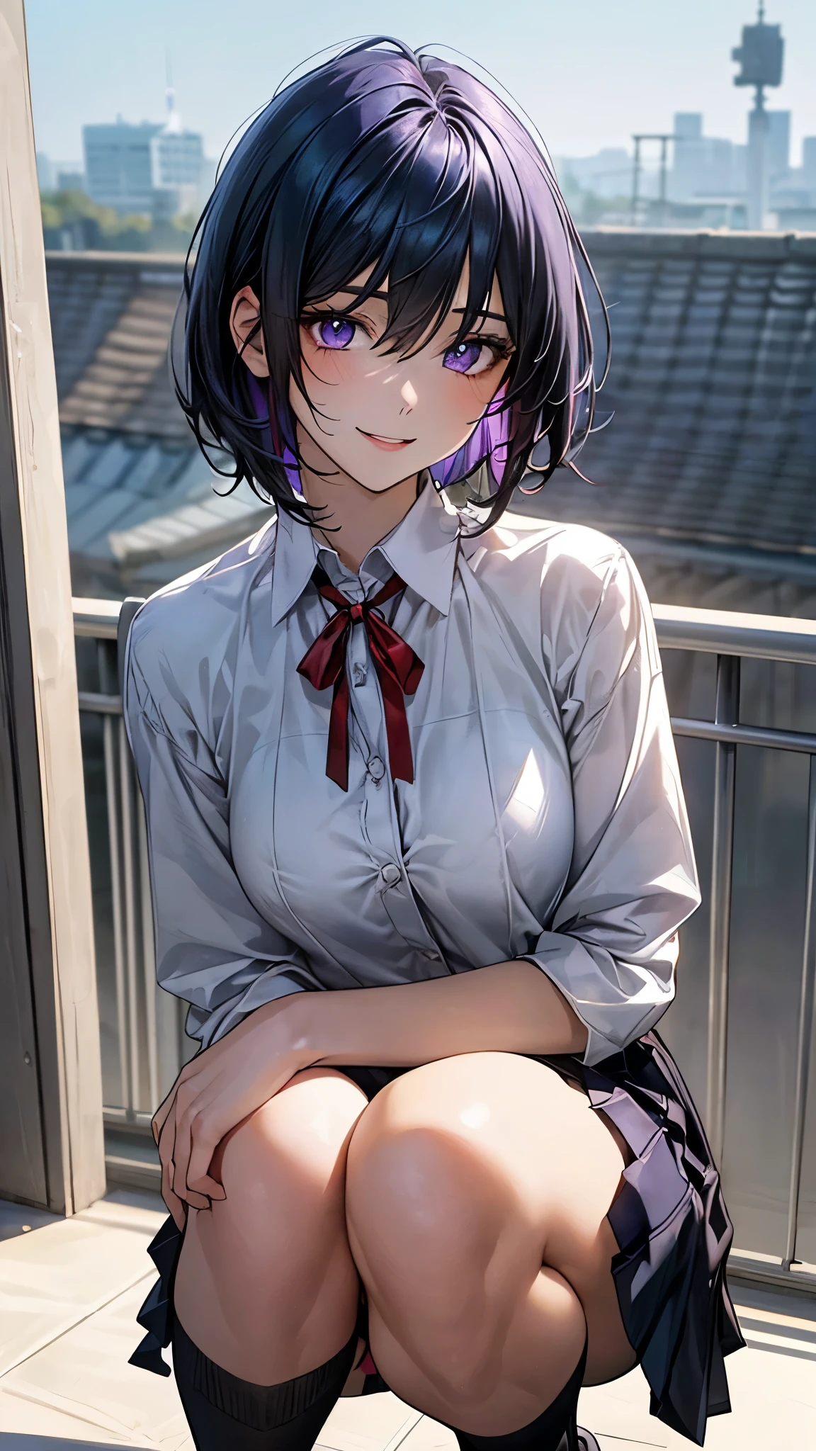 (masterpiece:1.2, top-quality), (realistic, photorealistic:1.4), beautiful illustration, (natural side lighting, movie lighting), nsfw,
looking at viewer, panty shot, front view:0.6, 1 girl, japanese, high school girl, perfect face, cute and symmetrical face, shiny skin,
(short hair:1.2, shaggy cut:1.2, dark blue hair), hair between eyes, purple eyes, drooping eyes, long eye lasher, (large breasts:0.6),
beautiful hair, beautiful face, beautiful detailed eyes, beautiful clavicle, beautiful body, beautiful chest, beautiful thighs, beautiful legs,
((symmetrical clothing, white collared shirts, light grey pleated skirt, red neck ribbon)), black socks,
(beautiful scenery), morning, school rooftop, squatting, (lovely smile, upper eyes),