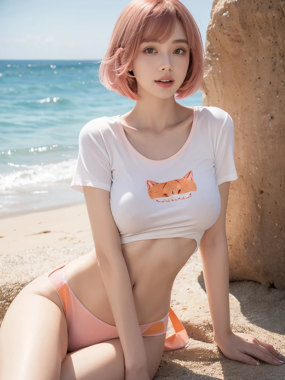 best quality,Facing the sea,very sexy pose,,Sexy beauty,(original photo, high resolution, best quality), beach,seaside,Wear only thin underwear,Take off your clothes as much as possible, (Exquisite and beautiful eyes and exquisite face, slender figure, thin waist, Beautiful belly),papaya milk ,Developed beauties,, big breasts, (((t-shirt))), (shorts), charming, Pink shiny lips, ((Orange and pink sweep shorthair cat)), perfect style, Extremely detailed CG unified 8k wallpaper, Surrealism, super detailed,big breasts,big breasts,,Transparent clothes make you a little fatter,nude,very feminine,Less clothes,very feminine,Smile,Naked room,beach,Undress,Wear as little clothing as possible,Hips raised,girl,sunshine on face,Wear only thin underwear,unrestrained beauty