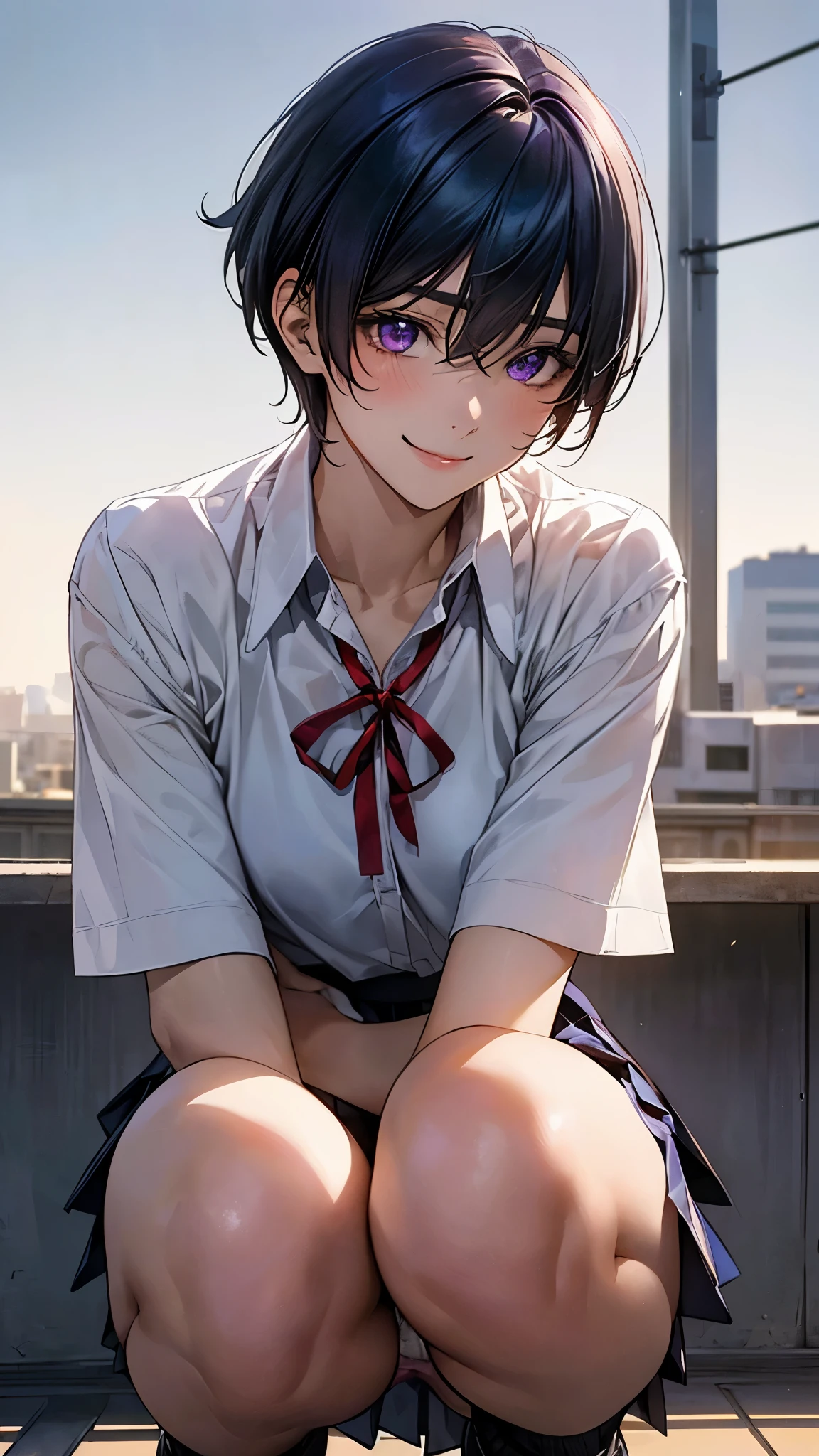 (masterpiece:1.2, top-quality), (realistic, photorealistic:1.4), beautiful illustration, (natural side lighting, movie lighting), nsfw,
looking at viewer, panty shot, front view:0.6, 1 girl, japanese, high school girl, perfect face, cute and symmetrical face, shiny skin,
(short hair:1.2, shaggy cut:1.2, dark blue hair), hair between eyes, purple eyes, drooping eyes, long eye lasher, (large breasts:0.6),
beautiful hair, beautiful face, beautiful detailed eyes, beautiful clavicle, beautiful body, beautiful chest, beautiful thighs, beautiful legs,
((symmetrical clothing, white collared shirts, light grey pleated skirt, red neck ribbon)), black socks,
(beautiful scenery), morning, school rooftop, squatting, (lovely smile, upper eyes),