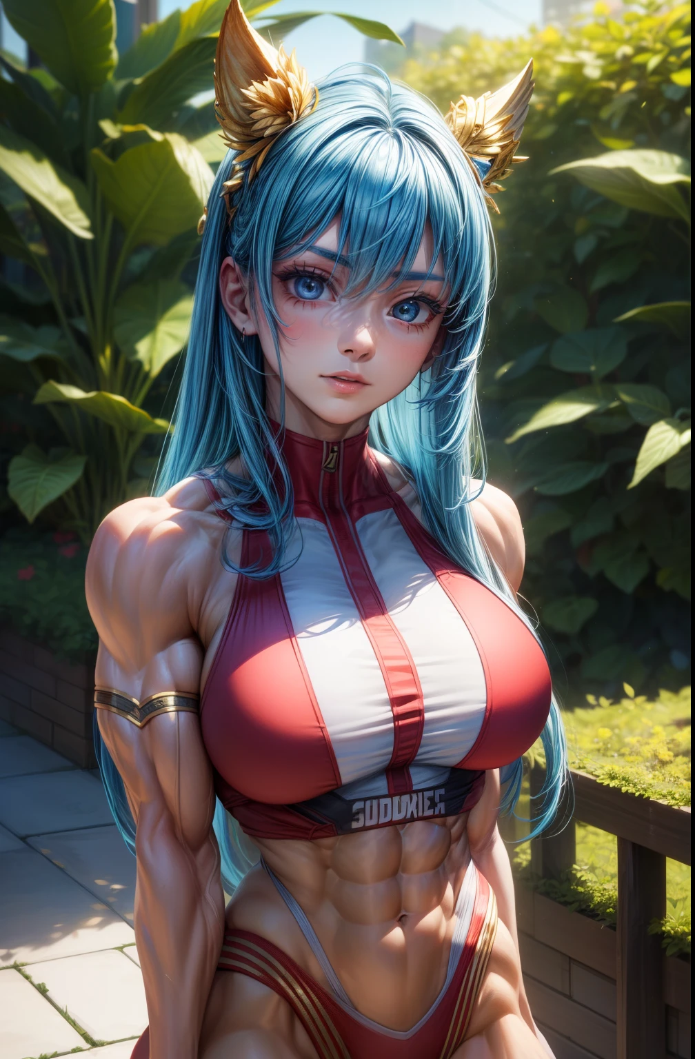 (best lighting) , (Extremely complex and detailed) , 4K unified, (Super detailed CG: 1.2) , (8k: 1.2),(The original), (masterpiece) , (best quality),(masterpiece:1.4),Anime-like high quality,(masterpiece),masterpiece, Super clear picture quality,clearer than,(delicate face)best quality, absurd,((Master of Peace, 4K, 8k, Yes, high resolution))1个girl, female student,She was in the garden,Ten strong abdominal muscles,stand up,exposed abdomen, Crop topping,Dense, raised veins on the arms,spring, boots, Perfect body, Long blue hair, dynamic poses,legs exposed,Strong leg muscles ((bodybuilder:1.5)),spring Garden,(beautiful bass),(girl),(woman),(((Upper body:1)))