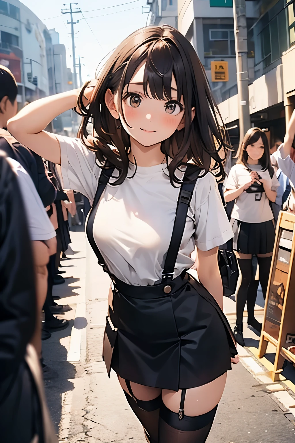 brown hair、looking at the viewer suspenders Bulging big breasts Black miniskirt garter belt knee high socks Gaze small face bangs Beauty hands up Gaze black boots provocation armpit sweat one person put your hands behind your back cutter shirt Panty shot