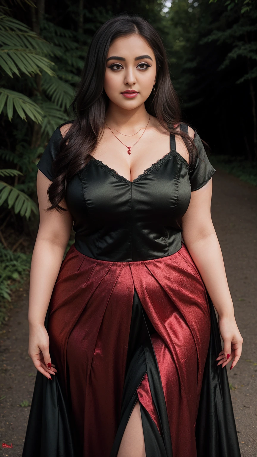 Monali Thakur bengali actress beautiful actress sexy curvy plus size model woman in a different red green black color Bridal Fallen Angel Devil Vampire Witch Dress in village, manga mala necklace ornament in necklace for wedding, Head Jewelry for wedding, busty, small curvy, mid body shot, she has a jiggly fat round belly, thick body, village background.