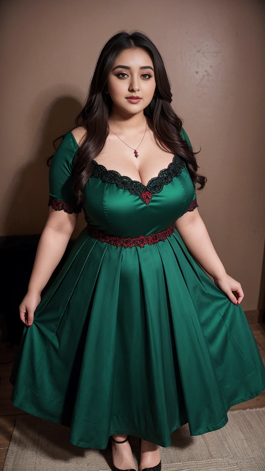 Monali Thakur bengali actress beautiful actress sexy curvy plus size model woman in a different red green black color Bridal Fallen Angel Devil Vampire Witch Dress in village, manga mala necklace ornament in necklace for wedding, Head Jewelry for wedding, busty, small curvy, mid body shot, she has a jiggly fat round belly, thick body, village background.