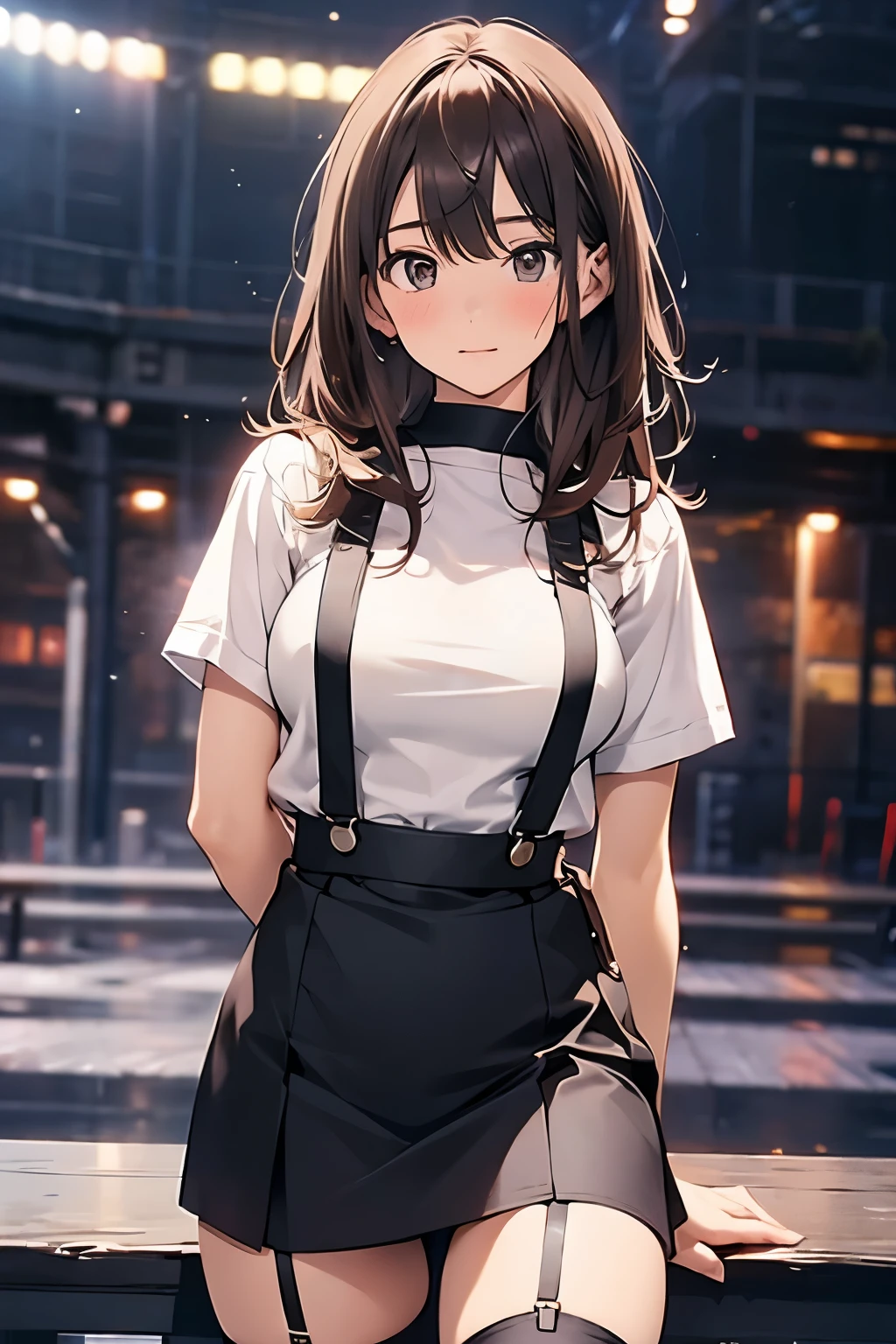 brown hair、looking at the viewer　　suspenders　　　Bulging big breasts　　 　 　　　　Black miniskirt　garter belt　knee high socks　　　　　　Gaze　　　small face　bangs 　　　　　Beauty　　hands up　　 　Gaze 　black boots 　provocation　　armpit sweat　one person 　　put your hands behind your back　cutter shirt　　Panty shot
