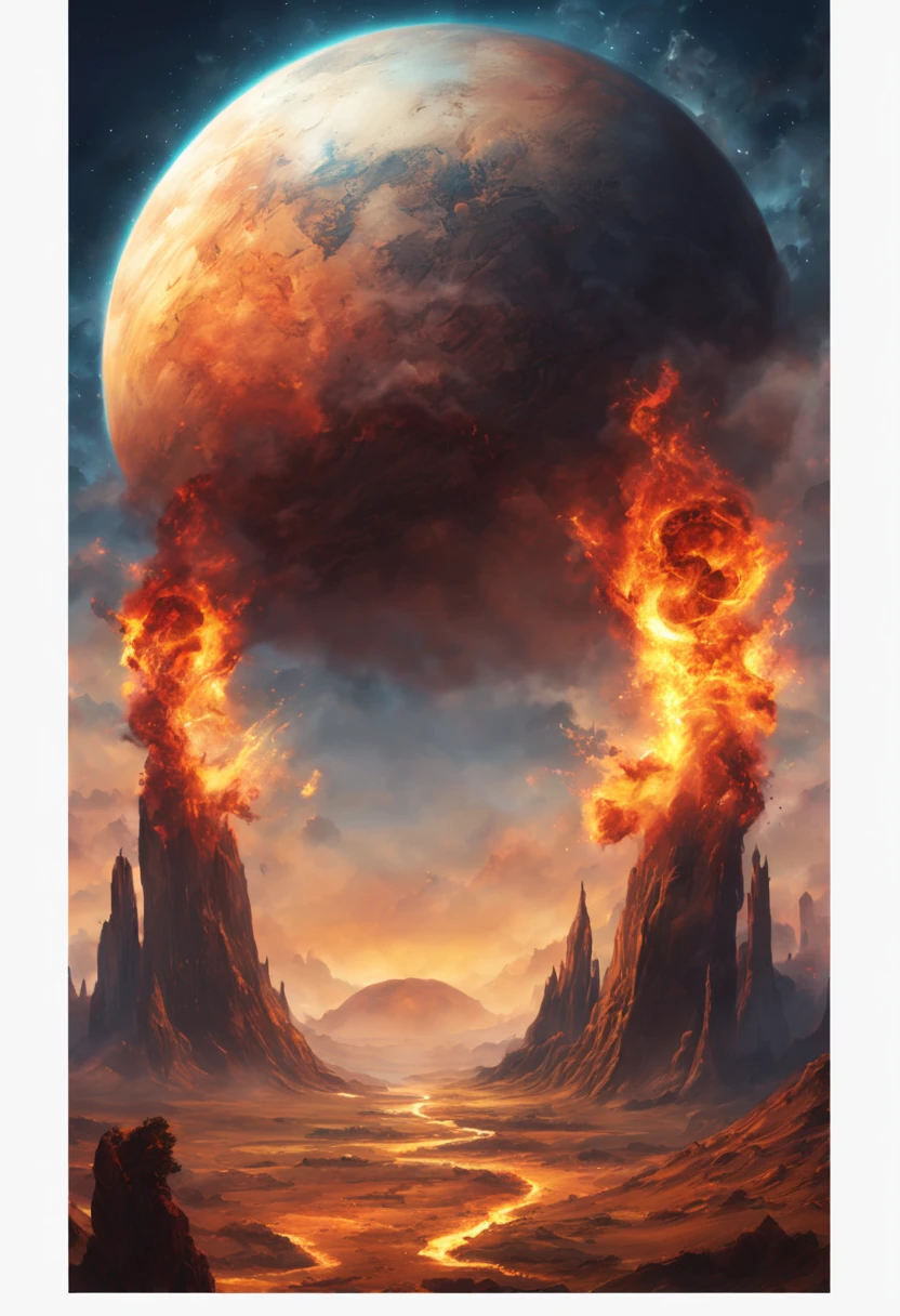 Ends of the earth, half of a huge burning planet, science fantasy, high quality.