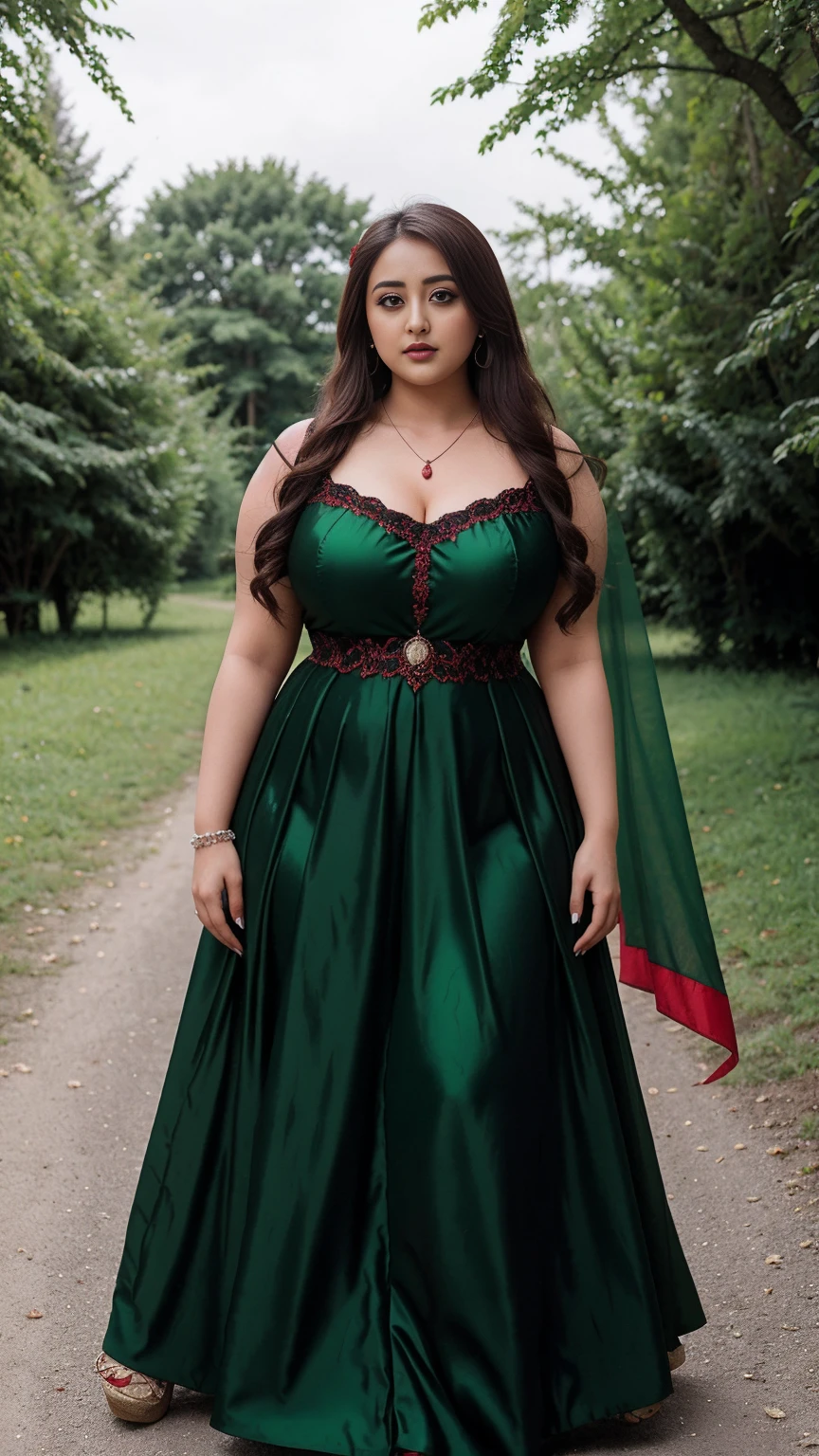 Monali Thakur bengali actress beautiful actress sexy curvy plus size model woman in a different red green black color Bridal Fallen Angel Devil Vampire Witch Dress in village, manga mala necklace ornament in necklace for wedding, Head Jewelry for wedding, busty, ???????????, mid body shot, she has a jiggly fat round belly, thick body, village background.
