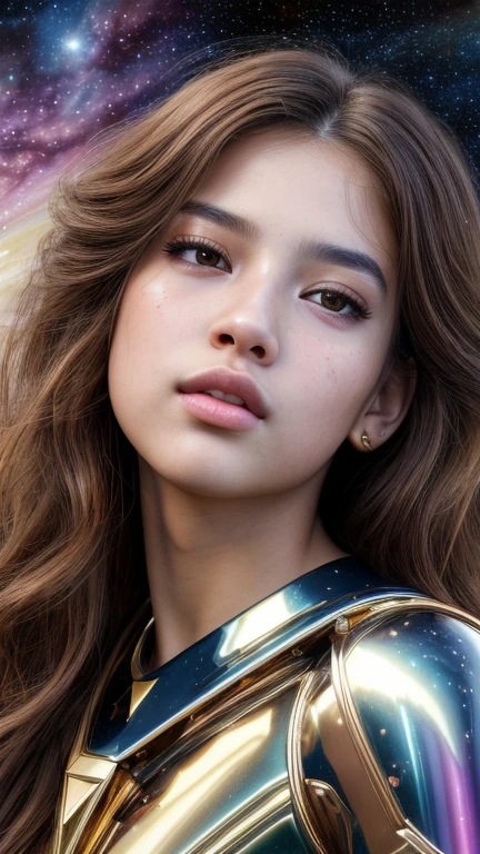 masterpiece, best quality, masterpiece, godlike quality, godlike art, highly detailed face, full body, highly realistic, cute, young girl, brown eyes, multicolored hair, long hair, shiny skin, full lips, big lips, shiny skin, blushing, magnificent view, in space, starry background, stars, shining light, sci-fi armor
