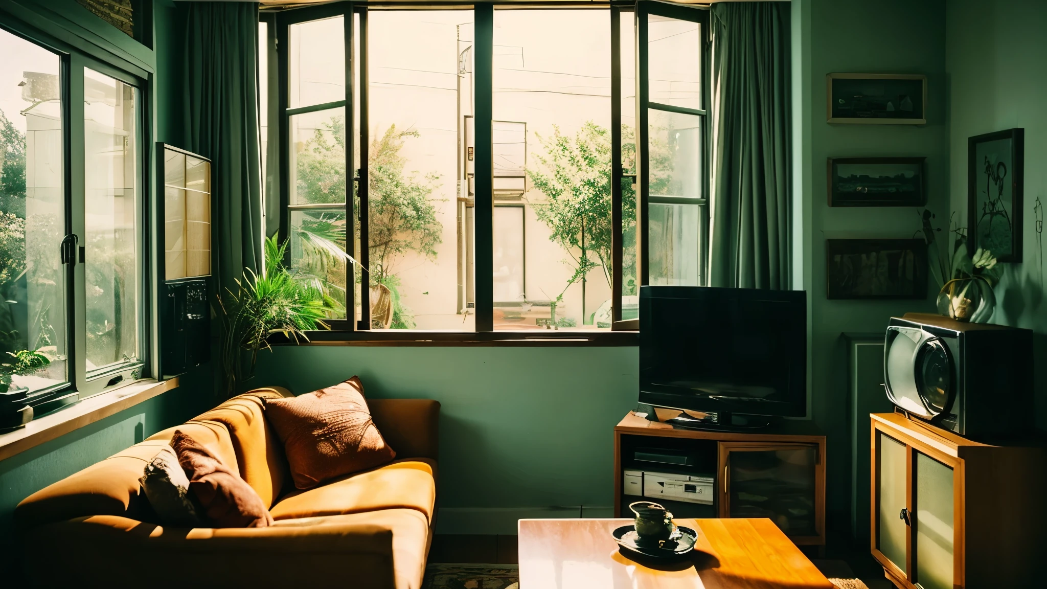 Interior of living room with retro radio 16:Draw with an aspect ratio of 9。There is a fofa in the living room。A small retro radio is placed next to the window.、Reminiscent of 1970s style。There is a table with a coffee cup on it.。Houseplants are placed around the radio.。You can see the night view from the large windows.、Creates a cozy and warm atmosphere。Warm colors are used throughout the room.、Full of comfortable retro atmosphere。
