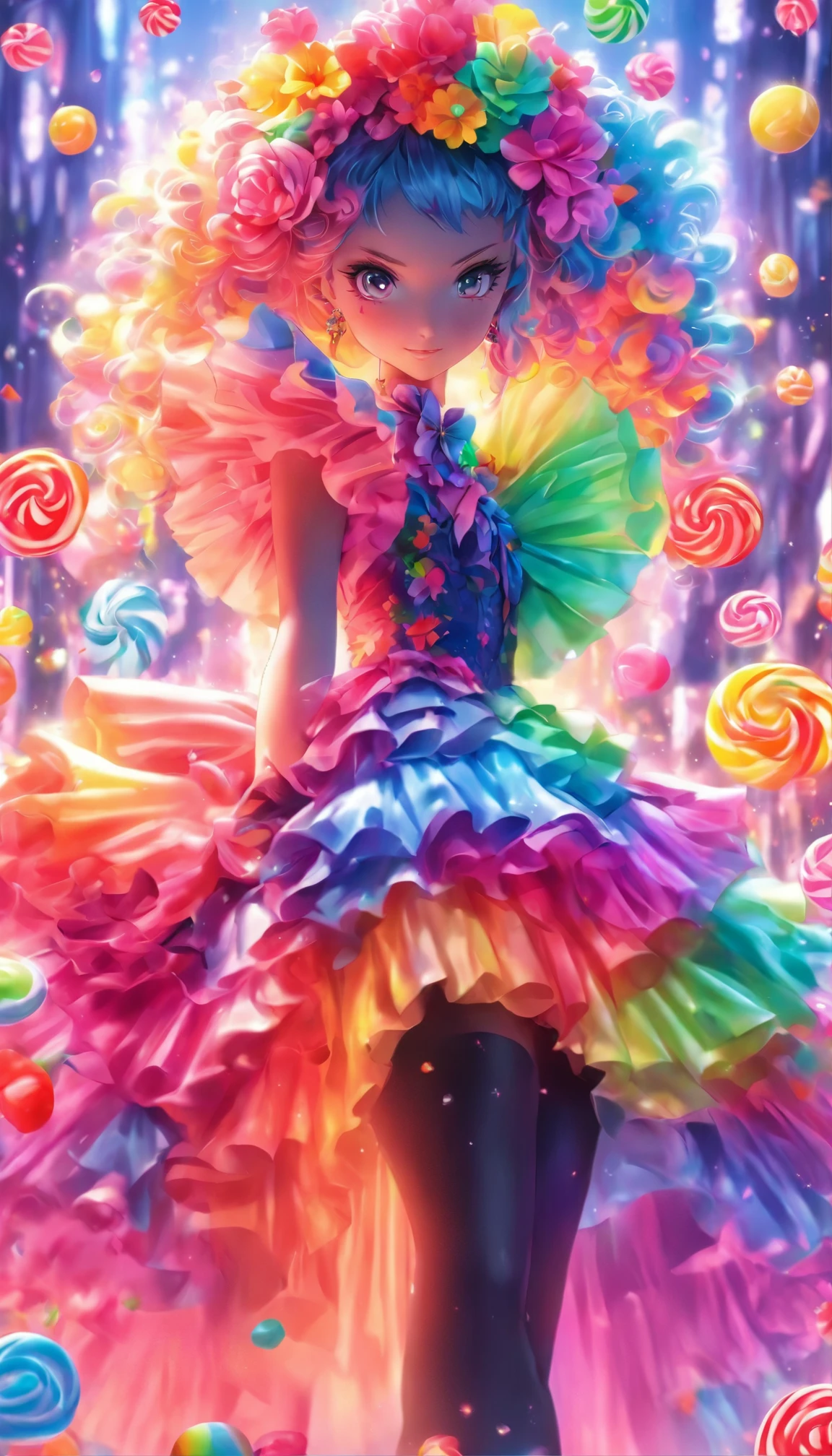 Masterpiece, Best quality,1girll,GothGal,Frilled dress 8K,A high resolution, ( flower_Styler:1.2),(rainbow-candy:1.2)