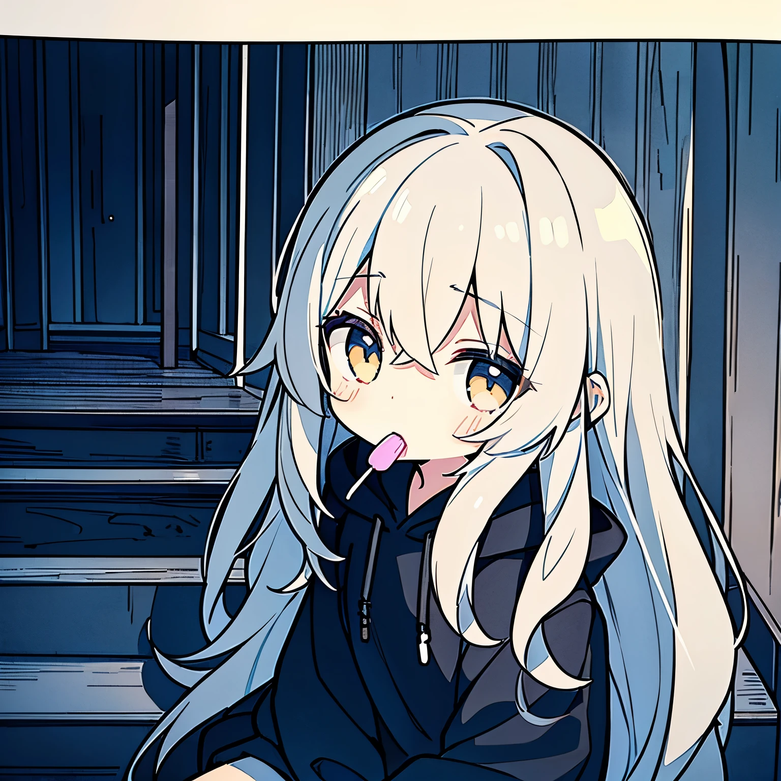 Girl looking down sad with a lollipop in her mouth sitting on stairs to a vintage house cute black oversized hoodie camara looking up at girl from the bottom blondes long hair raining dark outside light coming from the cabin very dark outside out in a plain clothes wavy in the wind full moon