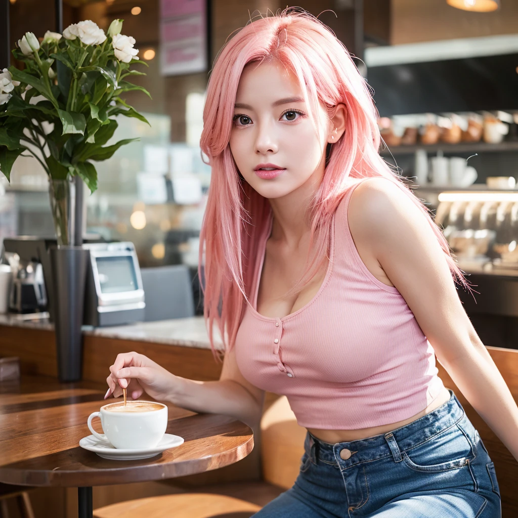 (realistic、High resolution:1.3)、Just one girl with a perfect figure、super thin face and eyes、pink hair、tits、short jeans、at the cafe、coffee on the table、