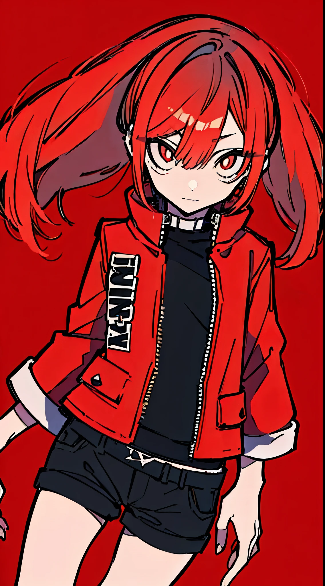 (masterpiece, highest quality:1.6), alone, thick outline, (simple background, Dark red background, monochrome, Dark red theme:1.2), official art, Key Visual, 8K, disorganized, whole body, (Unique hair, Punks jacket, hot pants, arch back, short torso:1.2), belly button, thighs, cowboy shot, HDR, sharp focus, High resolution, most detailed, very detailed, Super detailed, finely, detailed eyes and face, sharp pupils, realistic student