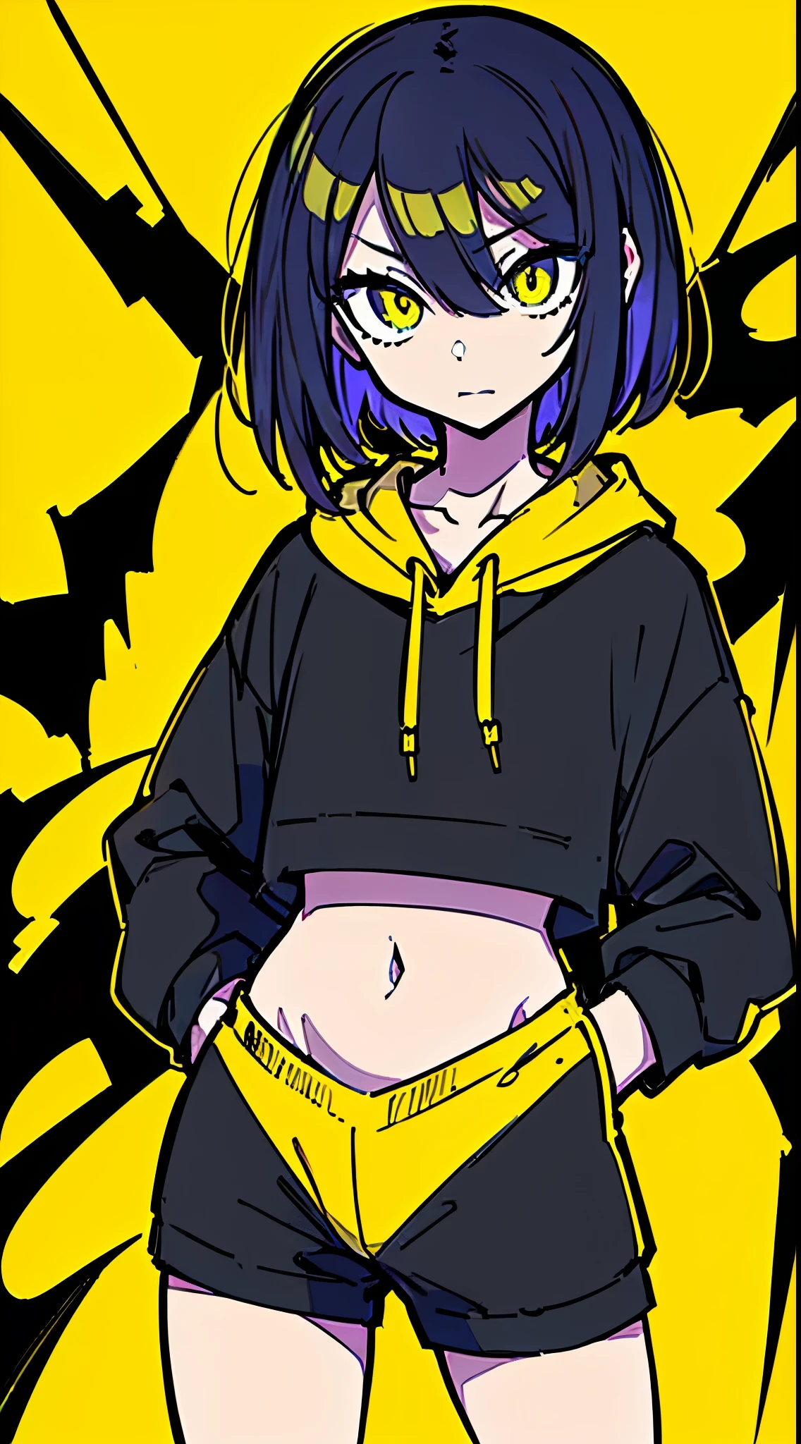 (masterpiece, highest quality:1.6), alone, thick outline, (simple background, Dark yellow background, monochrome, dark yellow theme:1.2), official art, Key Visual, 8K, disorganized, whole body, (Unique hair, Oversized Hoodies, hot pants, arch back, short torso:1.2), belly button, thighs, cowboy shot, HDR, sharp focus, High resolution, most detailed, very detailed, Super detailed, finely, detailed eyes and face, sharp pupils, realistic student
