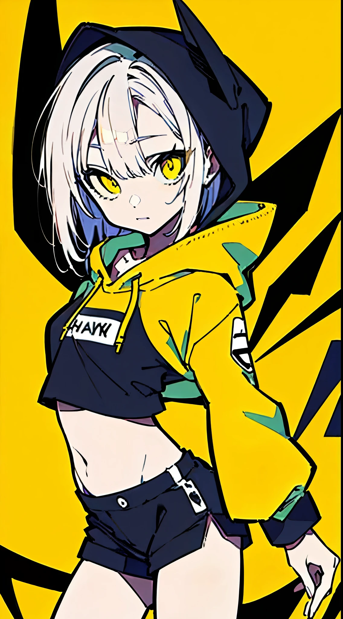 (masterpiece, highest quality:1.6), alone, thick outline, (simple background, Dark yellow background, monochrome, dark yellow theme:1.2), official art, Key Visual, 8K, disorganized, whole body, (Unique hair, Oversized Hoodies, hot pants, arch back, short torso:1.2), belly button, thighs, cowboy shot, HDR, sharp focus, High resolution, most detailed, very detailed, Super detailed, finely, detailed eyes and face, sharp pupils, realistic student