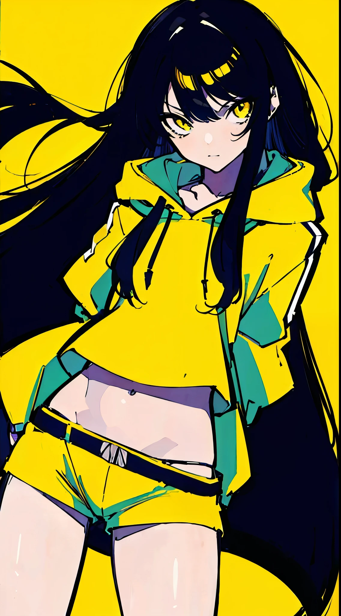 (masterpiece, highest quality:1.6), alone, thick outline, (simple background, Dark yellow background, monochrome, dark yellow theme:1.2), official art, Key Visual, 8K, disorganized, whole body, (Unique hair, Oversized Hoodies, hot pants, arch back, short torso:1.2), belly button, thighs, cowboy shot, HDR, sharp focus, High resolution, most detailed, very detailed, Super detailed, finely, detailed eyes and face, sharp pupils, realistic student