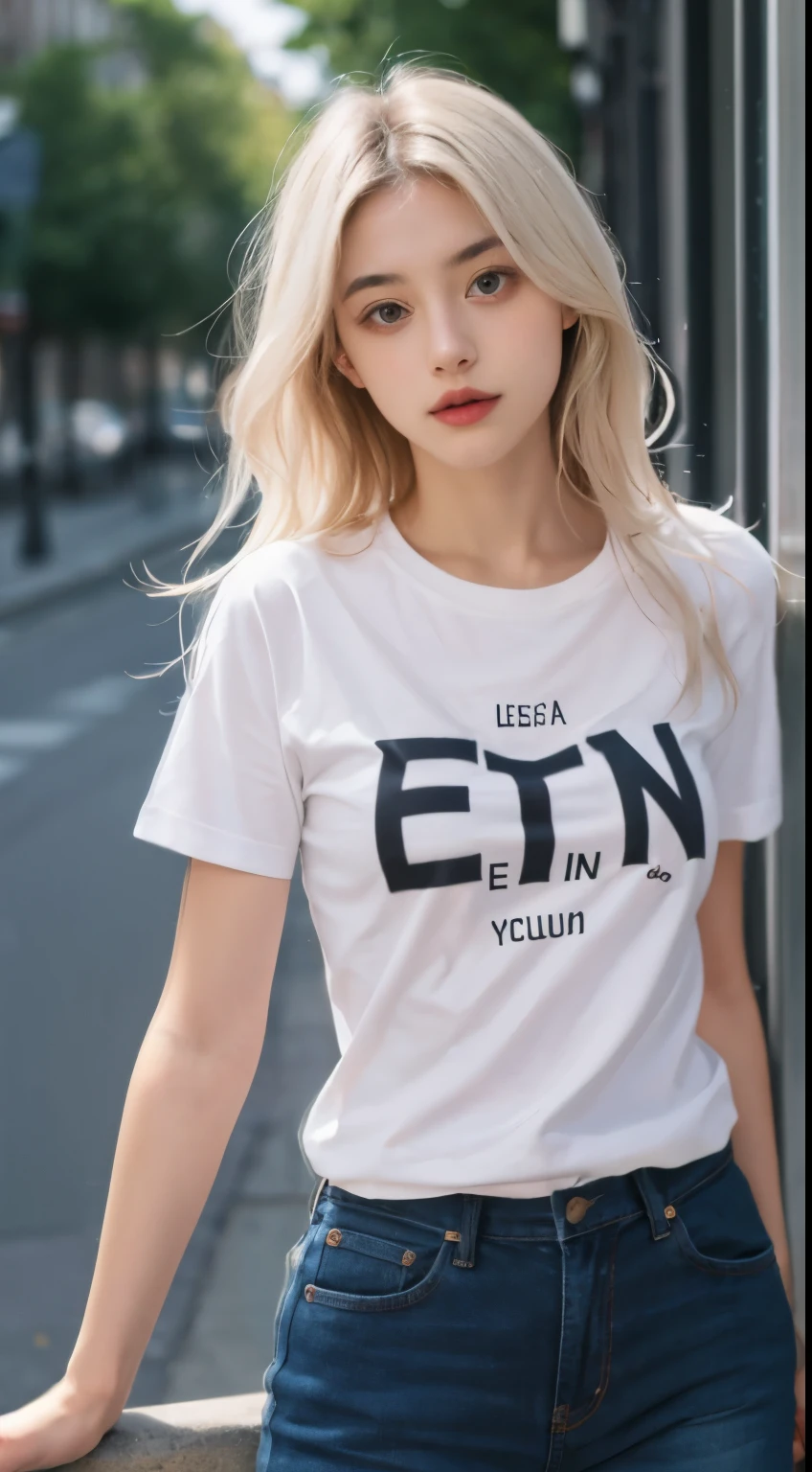  , European, long white hair, medium breasts, big eyes, missing both arms, ray tracing, HDR , t shirt with the letters E T I E N N E written on the shirt ETIENNE 