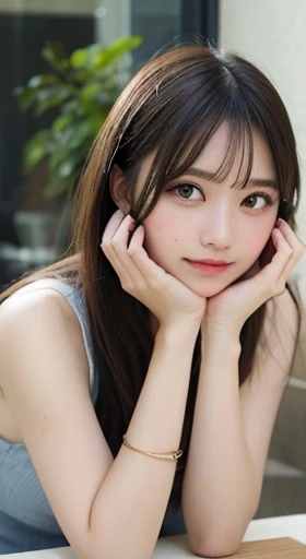 finely, High resolution, high quality、完璧なダイナミックな構figure, beautiful and fine eyes, medium hair, 、natural color lip,Kamimei、Shibuya Ward、20 year old girl、1 person、transparent skin、shining hair、table top, 最high quality, figure, super detailed, finely, High resolution, 8K、correct state of the human body、squat、hair flying in the wind