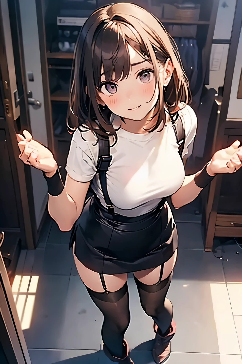 brown hair、looking at the viewer suspenders Bulging big breasts Black miniskirt garter belt knee high socks Gaze small face bangs Beauty hands up Gaze black boots provocation armpit sweat one person put your hands behind your back cutter shirt Panty shot