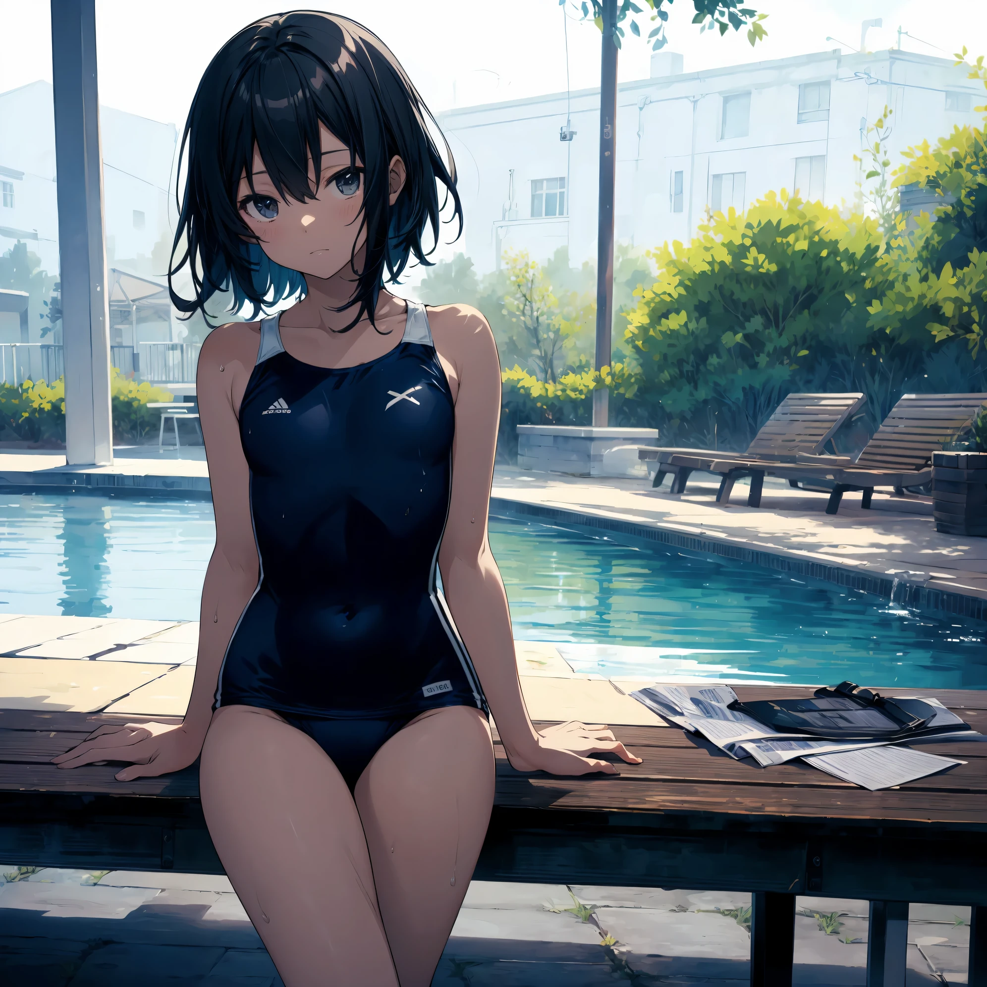 Super high quality by the art god, super detailed, High resolution, Shinkai Makoto style, anime moe art style, best anime 8K konachan wallpaper, pixiv contest winner, perfect anatomy, break,(水着を着た女の子がプールサイドのベンチにalone眠そうに座っている絵を描いてください.),break, surreal girl, (alone,lolita, , :1.3),All limbs, full finger,, androgynous charm, (very short hair), Wet hair, small breasts,slender body, small ass, between legs, Small black eyes,hanme,beautiful and fine eyes, Well-proportioned iris and pupils, sleepy eyes, High resolutionの詳細な髪, School swimsuit wear,Wet, in School pool. break,super dense skin, Best lighting by famous artists, 8K, figure,