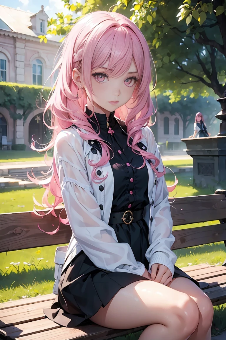 ((1 girl)), latest trend clothes, beautiful fashion,sit on a bench,cross your legs,cowboy shot,((Super detailed,highest quality, High resolution, 8k wallpaper, small nose,beautiful eyes, beautiful clothes,)),((pink hair, long hair,wavy hair)),(green eyes),eye shadow, eyeliner,Glow eye,garden, highly detailed eyes, ((shining pink eyes))18 year old girl.