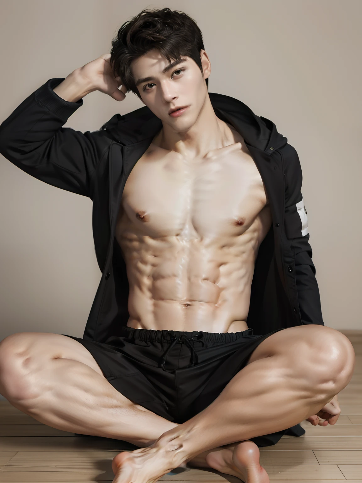 masterpiece,best quality,a high resolution,Gufeng Boy,The entire body of the machine,Abs, Tones the pectoral muscles，The hooded jacket is open，Exposing the pectoral muscles，Wearing a hat half-exposed，Short hair，Strong，barefoot，No shoes，bare legs ，腿上的黑毛masterpiece,best quality,a high resolution,Gufeng Boy,The entire body of the machine,Abs, Tones the pectoral muscles，White