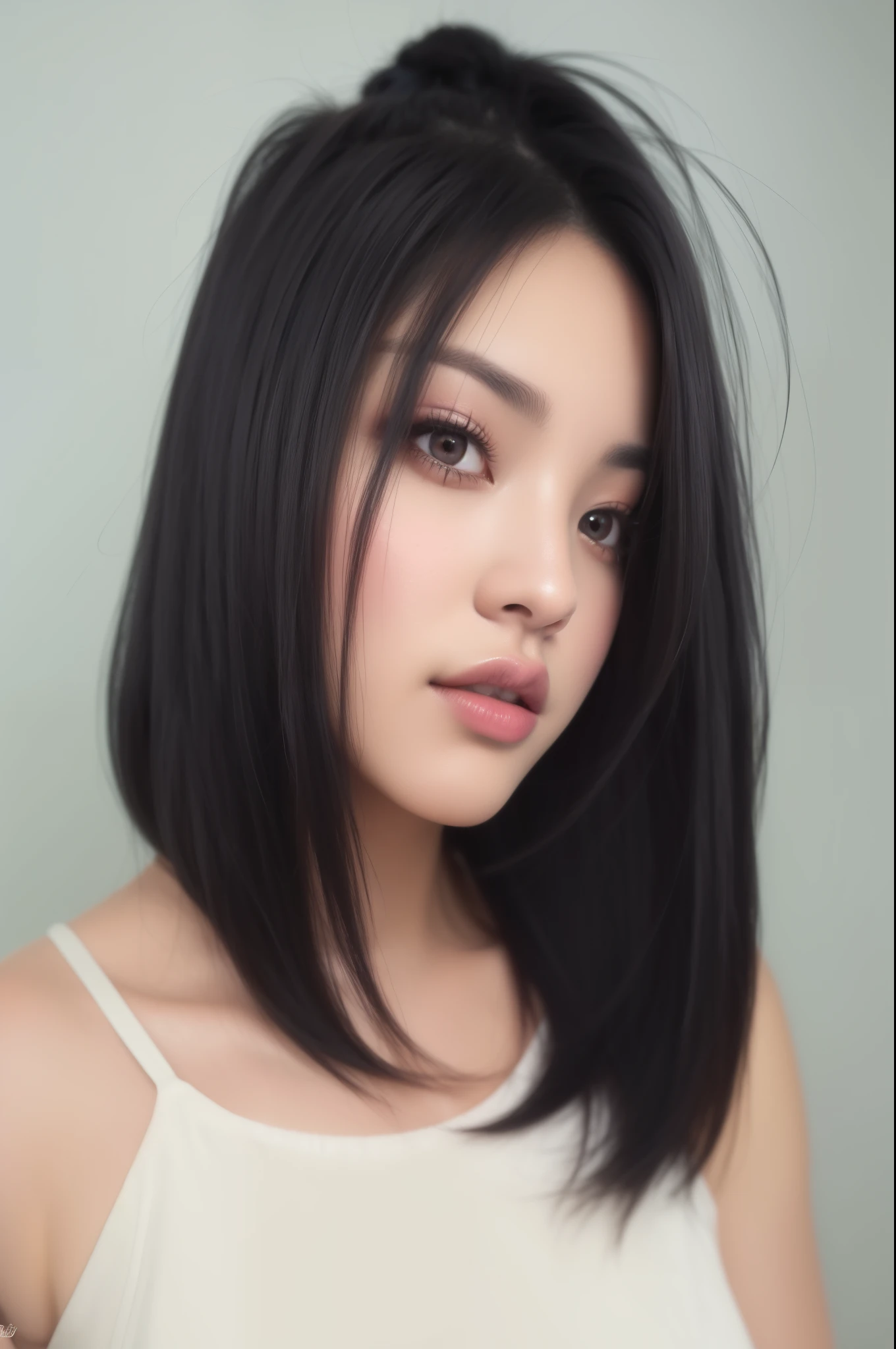 um close up de uma mulher com um cabelo preto curto, Estilo de arte realista, retrato de alta qualidade, medium black hair, estilo de arte hiperrealista, foto realista portrait, cabelo preto bob, pintura digital realista, cabelo preto na altura dos ombros, short Cabelo escuro, Cabelo escuro, pintura realista de linda garota, arte digital. foto realista, wonderful Cabelo escuro, in oil painting style, blackpink lisa, blackpink jennie
