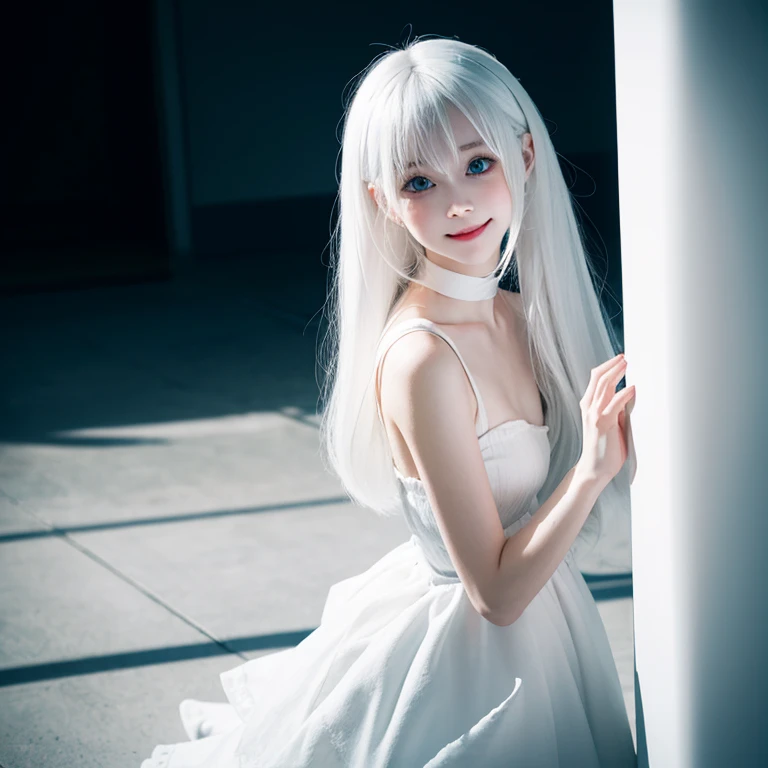 white hair,loli,Smile,Petite and delicate,Blue eyes,Black simple clothing,Well-behaved and cute,Innocence,Innocent,Indifferent expression,gentle,Evil girl,Contrast,fangs