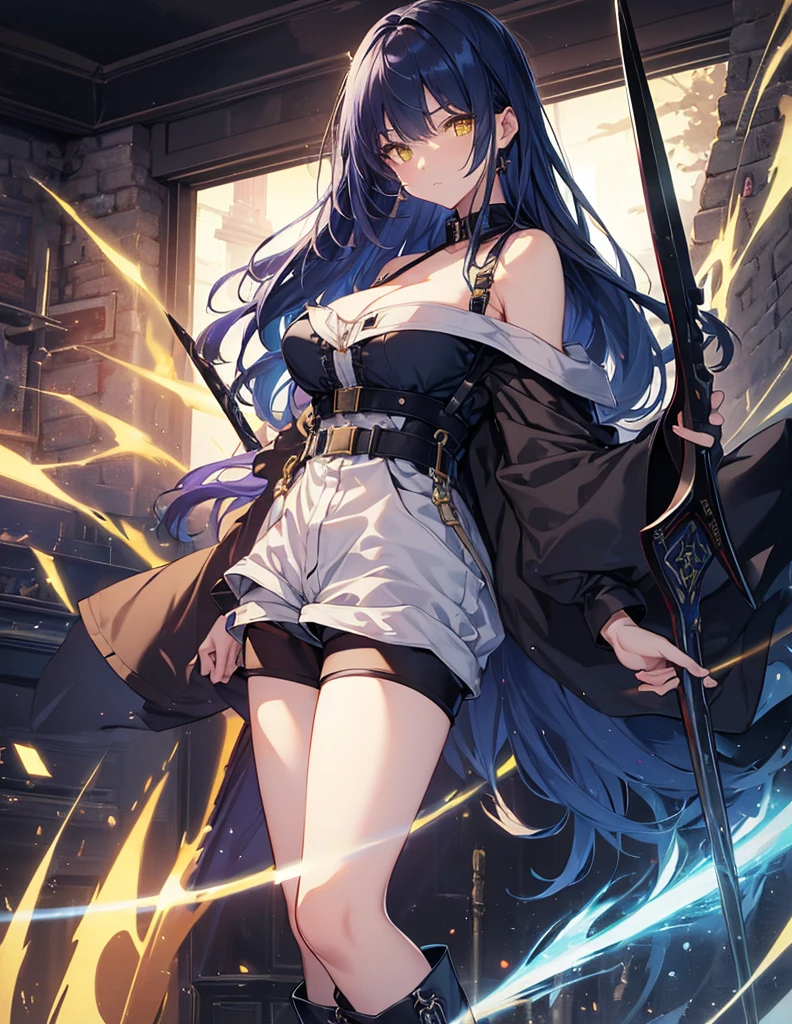 masterpiece、highest quality、light particles, Super detailed, In 8K,(bright colors:1.2), ((1 woman)),((long dark blue hair)),,shiny hair, shiny skin, ((Beautiful yellow eyes)), slanted eyes, glossy eyes、((big breasts))、((((black military uniform))))、(((off shoulder)))、((((shorts))))、((body harness))、((black long boots))、(((cowboy shot)))、(((thighs)))、(((Spear of Light)))、flash、Kime pose、swordsman style