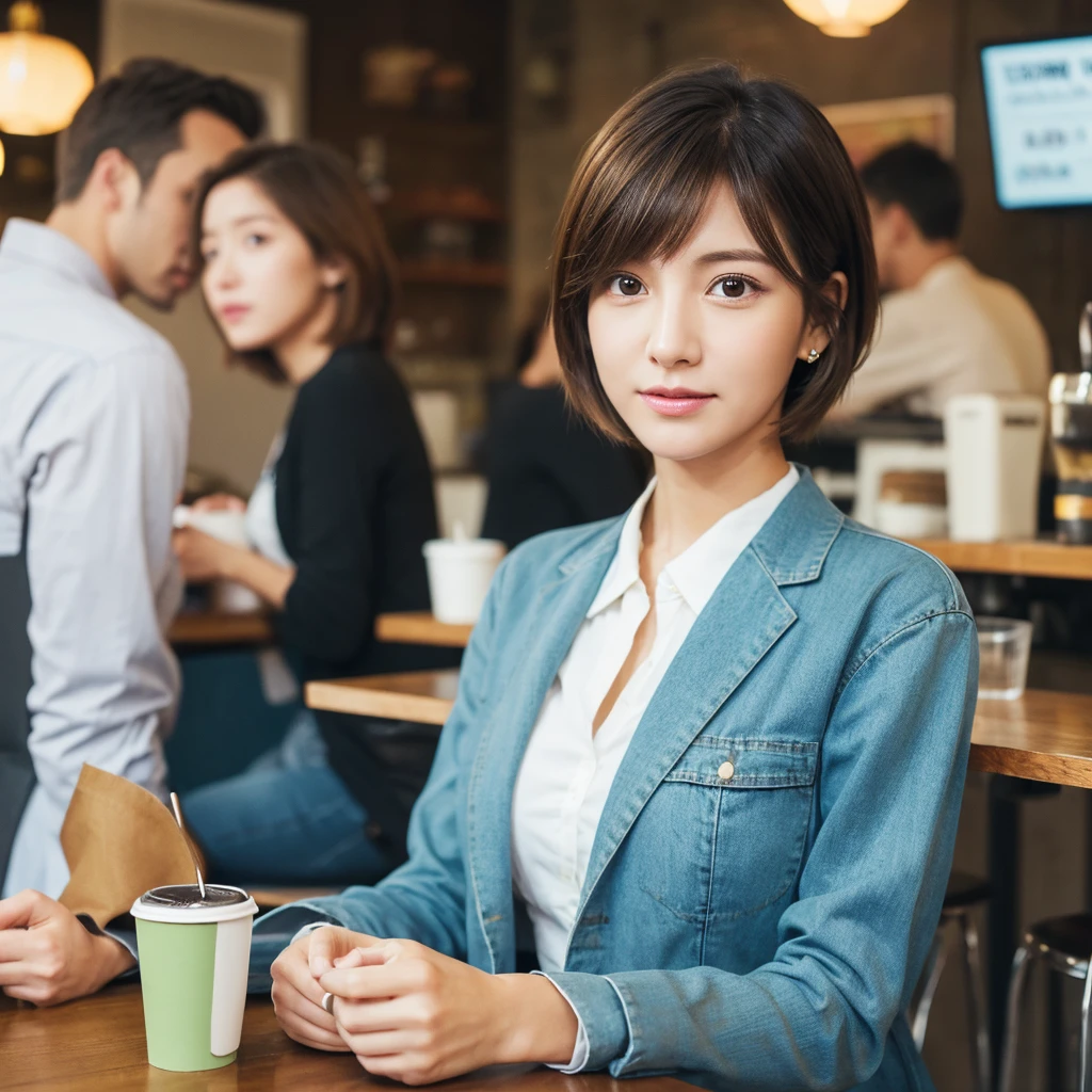 (realistic、High resolution:1.3)、Just one girl with a perfect figure、super thin face and eyes、short hair、suit:1 in random color.2、short jeans、at the cafe、coffee on the table