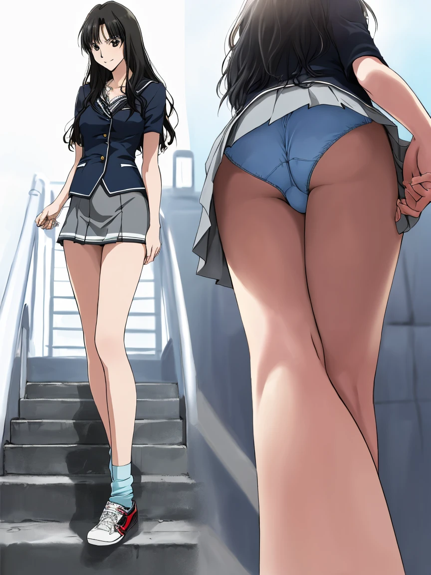 highest quality, ultra high resolution, (realistic: )2D official style cel animation,(multiple views)Amagami Tsukasa Ayatsuji,high school girl,uniform,gray mini skirt,summer shirt,light blue panties,loose socks,sneakers,long hair,straight hair,full body portrait,(from below),station stairs,Sunny,smile,(Low - Angle)