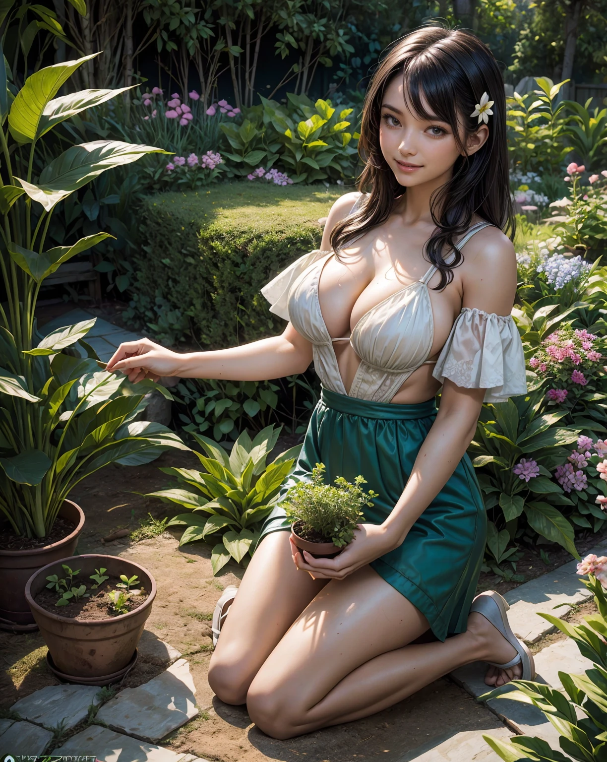 a Sexy woman kneeling on the ground next to a potted plant, woman planting flowers in the garden, gardening, big huge breasts, cleavage smily face, mud on her body, smile on face, beautiful woman in sexy top and skirt, sexy dress,alamy stock photo, using a trowel, plant, ahome and garden, blessing the soil at night, stock art, stock photo, permaculture, stock photography, stock photograph, stockphoto, cottage hippie naturalist, plants allover, istockphotogarden filled with lots of different types of plants, vertical flower gardens, backyard garden, homes and garden magazine, natural mini gardens, permaculture, immaculate rows of crops, cottagecore flower garden, gardens with flower beds, idyllic and fruitful land, home and garden, garden utopia, lush landscaping, vertical gardens, swirling gardens, garden landscape, beautiful garden