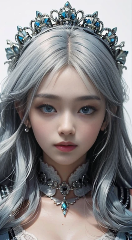 beautiful girl，(exquisite facial features)，(solid white background)，princess dress，queen，(The inside of the hair is a dull blue.)，long white hair，Tiny faces，white hair，Best picture quality，Masterpiece，cinematic light effect，Beautiful skin,Beautiful breasts